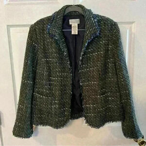 JohnPaulRichard Wool Blend Tweed Open Front Jacket in Black Blue Brown Size 12